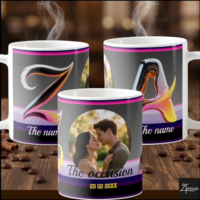 2 bokstäver, 2 namn, en tillställning, en bild & d kaffemugg (EDIT to change the occasion, names, date, & picture & also choose from 26 decorative characters.)