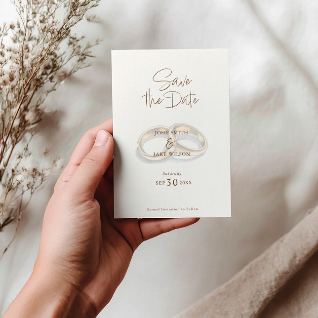 2 bröllop ringar, rustik vattenfärg spara datumet (Save the date card with 2 gold wedding rings illustration muted background. Easy to read date)
