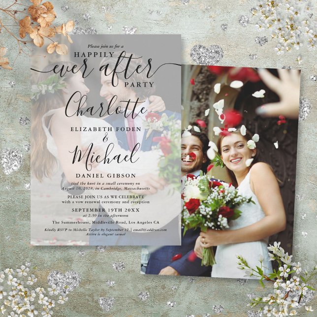 2 Bröllopsfoton Lyckligt Alltid Script  Inbjudningar (2 Wedding Photos Happily Ever After Script Invitation)