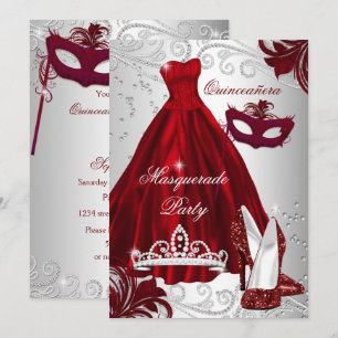 2 Burgunder Silver Klänning maskerad Quinceanera Inbjudningar