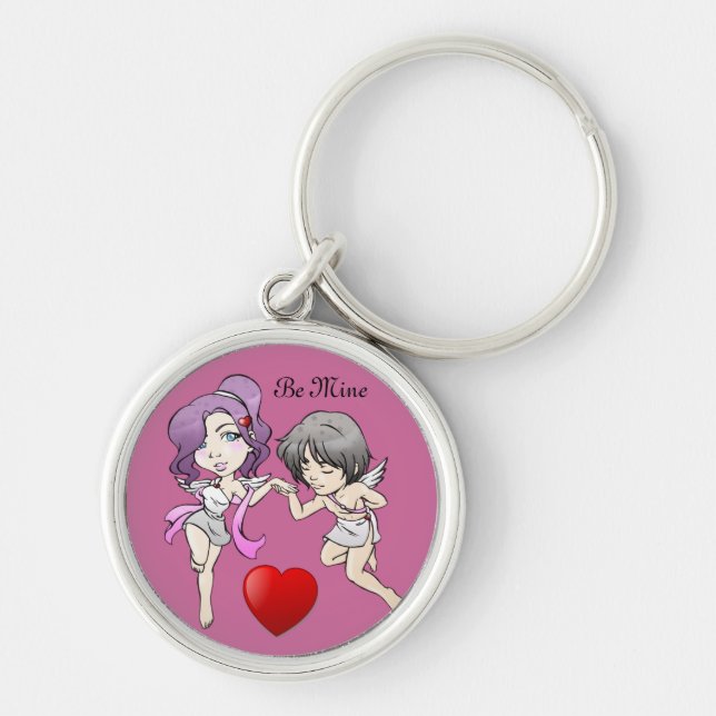 2 Cupids Valentine Keychain Rund Silverfärgad Nyckelring (Framsidan)