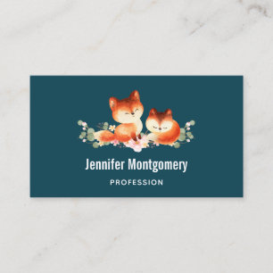 2 Cute Little Foxes in Watercolor Visitkort