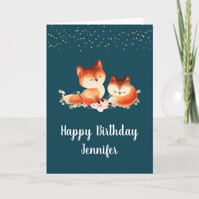 2 Cute Little Red Foxes Birthday Kort (Framsida)