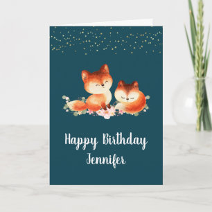 2 Cute Little Red Foxes Birthday Kort