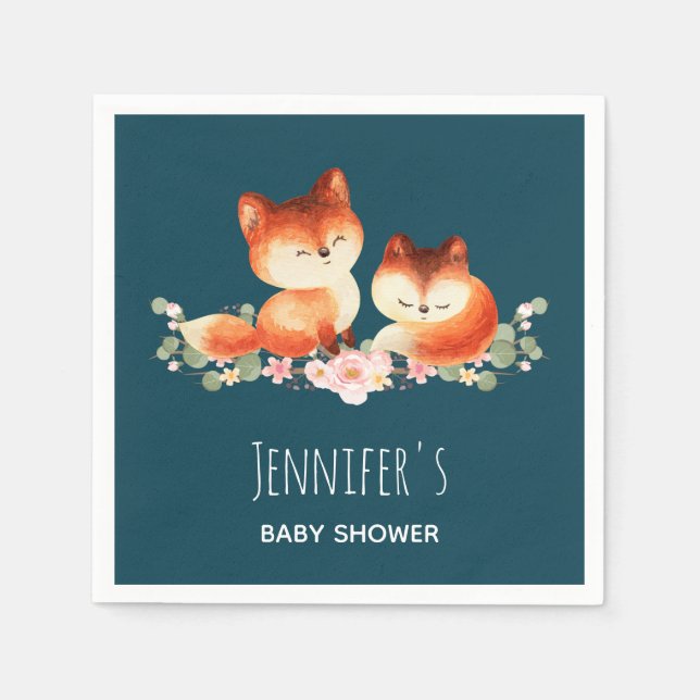 2 Cute Little Red Foxes Watercolor Baby Shower Pappersservett (Framsidan)