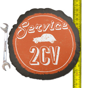 2 CV Service Vintage Orange Carshop Typography Rund Kudde