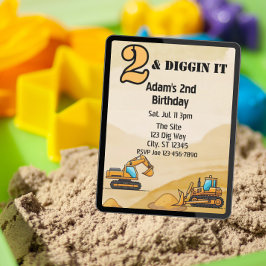 2 & Diggin It, Construction Vehicle 2nd Birthday Inbjudningar