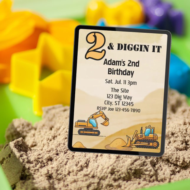2 & Diggin It, Construction Vehicle 2nd Birthday Inbjudningar (Skapare uppladdad)