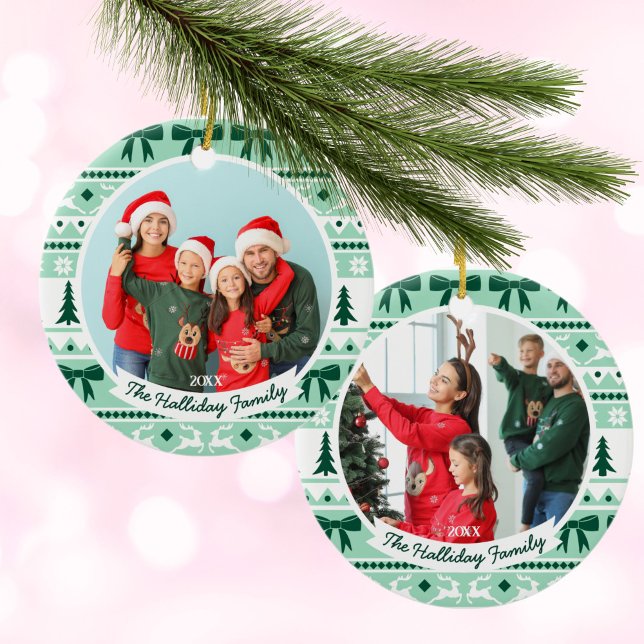 2-familjens fotopatjulssnack Mint-Grönt Julgransprydnad Keramik (2 Family Photo Christmas Sweater Mint Green Ceramic Ornament)