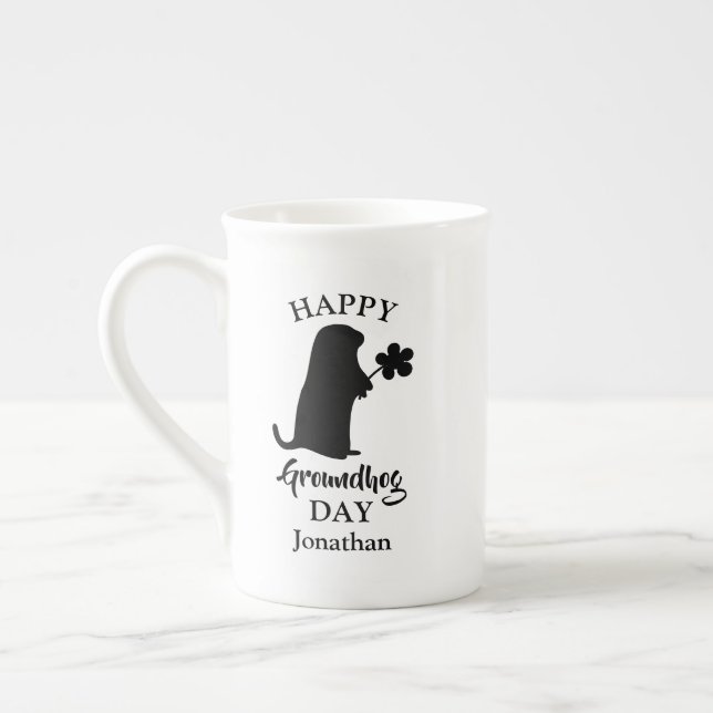 2 februari | Lycklig Groundhog Day Personlig Namn Benporslin Mugg (Vänster)