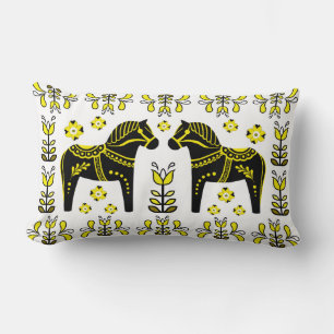 2 Folk Dala Horse/Folk blommigt/Friesian/black/yel Lumbarkudde