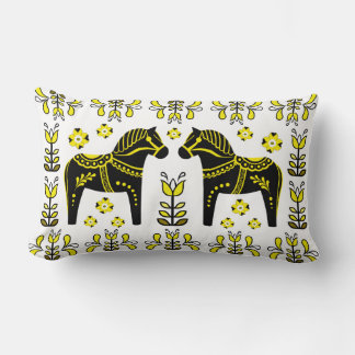 2 Folk Dala Horse/Folk blommigt/Friesian/black/yel Lumbarkudde