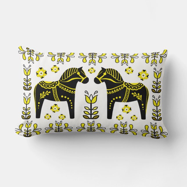 2 Folk Dala Horse/Folk blommigt/Friesian/black/yel Lumbarkudde (Framsida)