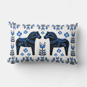 2 Folk Dala Horse/Folk blommigt/frisiska, svarta/b Lumbarkudde