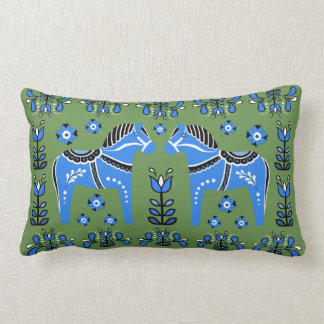 2 Folk Dala Horse/Folk blommigt, vit/grönt/blå Lumbarkudde