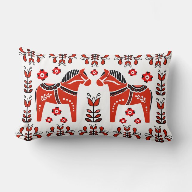 2 Folk Dala Horse/Folk blommigt, vit/röd Lumbarkudde (Framsida)