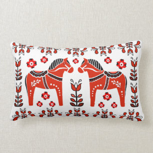 2 Folk Dala Horse/Folk blommigt, vit/röd Lumbarkudde