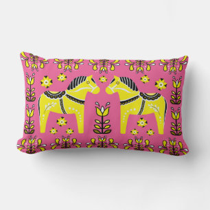 2 Folk Dala Horse/Folk blommigt, vit/rosa/gult Lumbarkudde