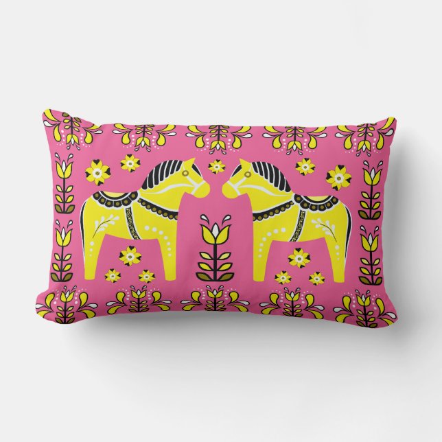 2 Folk Dala Horse/Folk blommigt, vit/rosa/gult Lumbarkudde (Framsida)