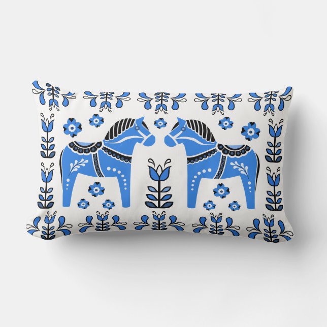 2 Folk Dala Horse/Folk blommigt, vit/svart/blå Lumbarkudde (Framsida)