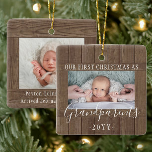 2 Foto 1:a Julafton Grandföräldrar Rustic Faux Woo Julgransprydnad Keramik