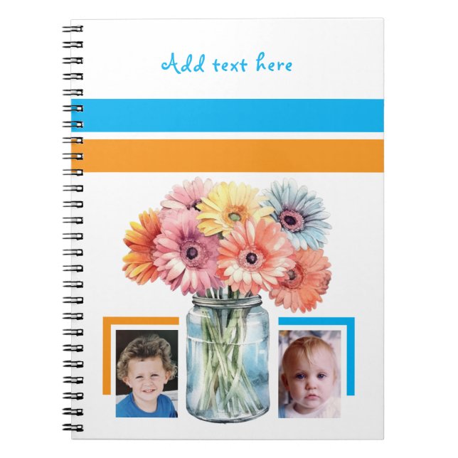 2 foto anpassad text blommor blå orange anteckningsbok (Framsidan)