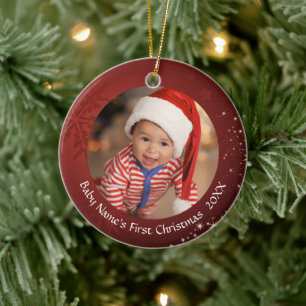 2-foto av Baby första jul-rött snöflingor Julgransprydnad Keramik