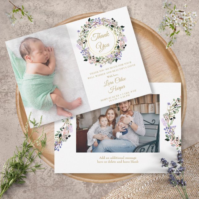 2 Foto Blommig Baby Guld Tack Födelse Meddelande (2 Photo Floral Baby Gold Thank You Birth Announcement)