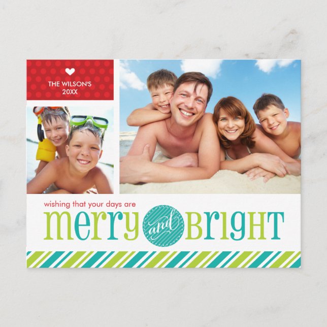 2 FOTO CHRISTMAS POSTCARD: merry & bright 4 Helg Vykort (Framsida)