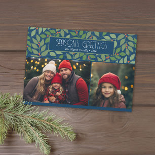 2 Foto Collage Botanical Season's Greetings Navy Julkort