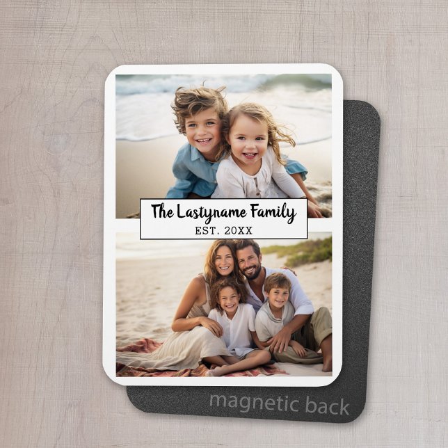 2 Foto Collage Familjenamn KAN REDIGERA FÄRG Magnet (Personalized magnet with photo collage and text)