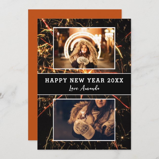 2 Foto Collage Firework Gott Nytt År Julkort (Fram/baksida)