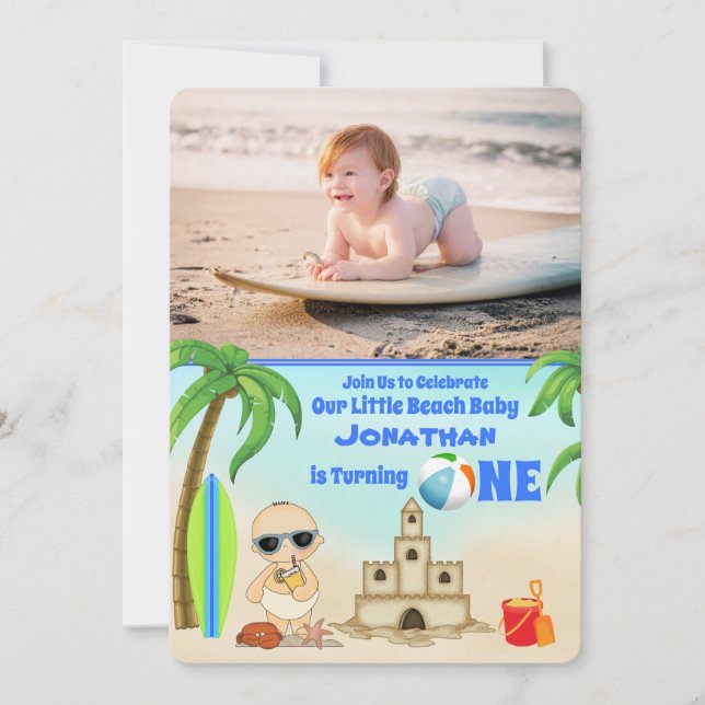2 Foto Cute Boy Beach Baby Surfboard 1:a födelseda Inbjudningar (Framsida)