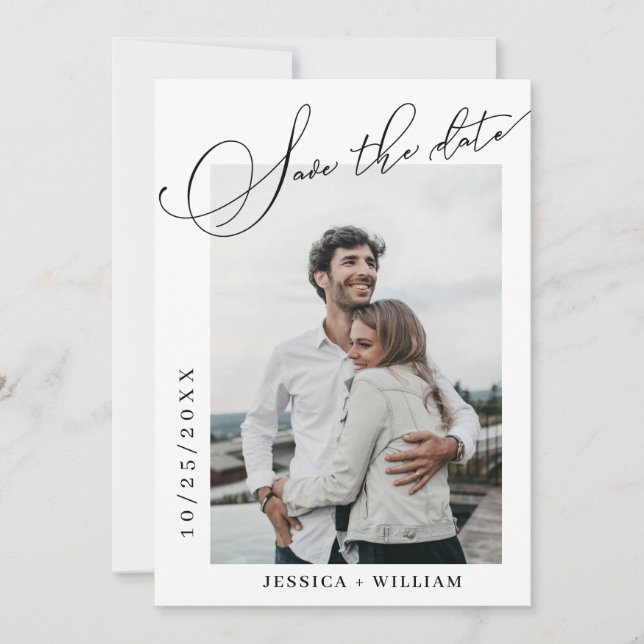 2 Foto Elegant Calligraphy Bröllop Spara Datumet (Framsida)