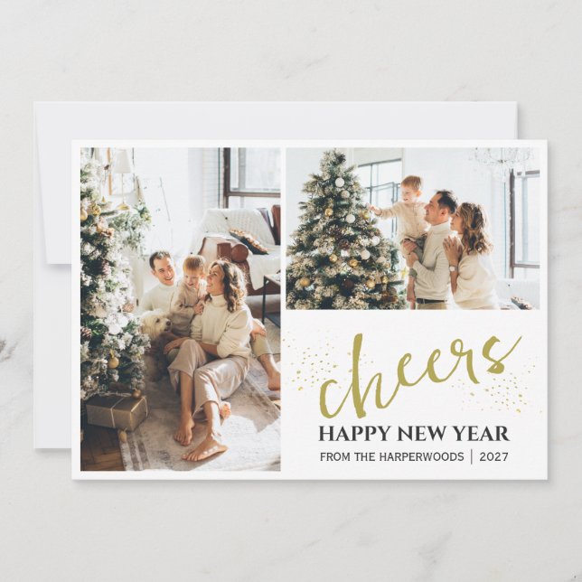 2 Foto Elegant Modern Script Glad Nyår Julkort (Framsida)