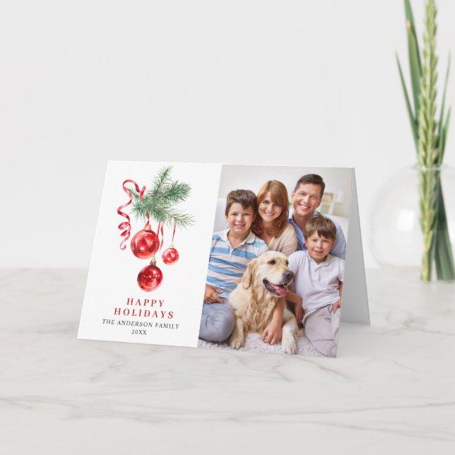 2 FOTO Elegant Röd Ornament Julhälsning Helgkort (Framsida)