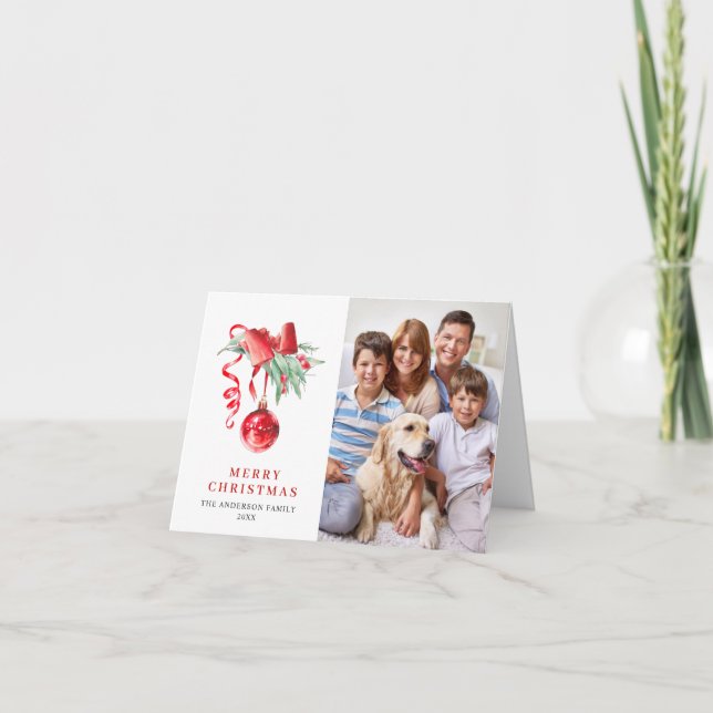 2 FOTO Elegant Röd Ornament Julhälsning Helgkort (Framsida)