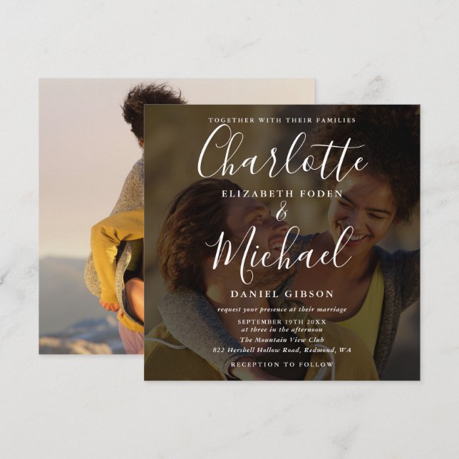 2 Foto Elegant signatur skript Bröllopsinbjudan Inbjudningar (Fram/baksida)