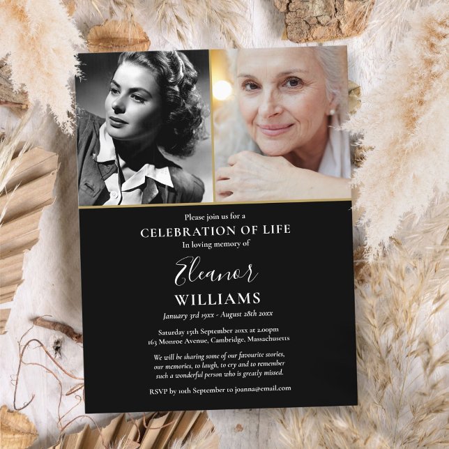 2 Foto Firande av Livet Begravningsinbjudan Meddelande Vykort (2 Photo Celebration of Life Funeral Invitation)