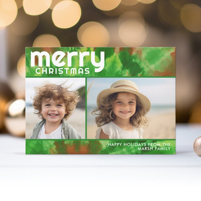 2 Foto-God jul - Färgfärgad Grönt Julkort (A funky tie dye design with 2 Christmas photos. Online and download options available.)