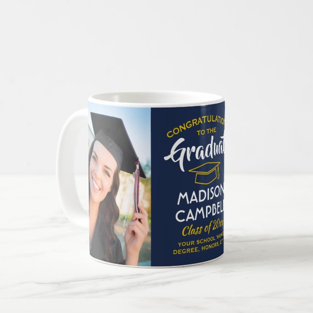2 Foto Grattis examen Navy Blue & Guld Kaffemugg (Framsida vänster)