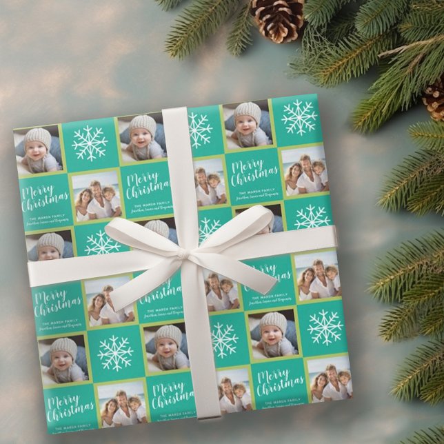 2 Foto - Grönt Blue God jul Snöflingor Presentpapper (Personalized wrapping paper with 2 photos)