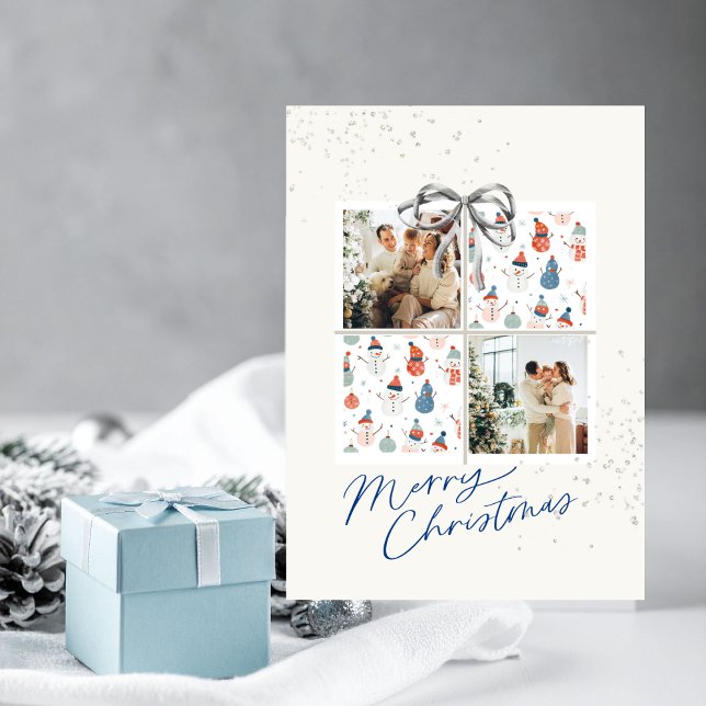 2-Foto Julpresentkort Glada Snömannar Silverbåge Inbjudningar (Christmas card with two photo frames, a coquette silver bow and happy snowmen)