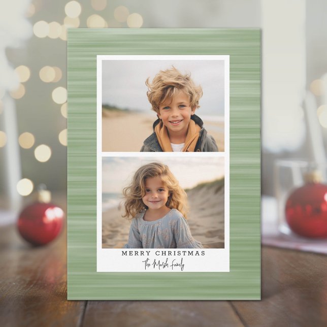 2 Foto Modern Abstrakt med Vit Kant Grön Julkort (Modern Holiday Greeting with 2 Photos)