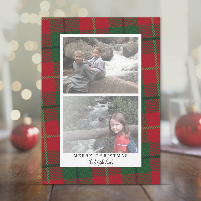 2 Foto Modern abstrakt med vit rand Plaid Julkort (2 photo collage - Holiday Christmas Card)