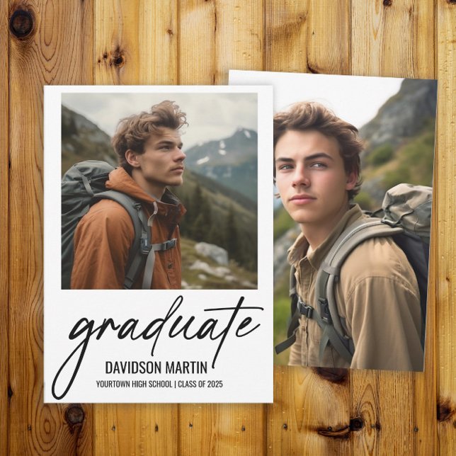 2 Foto Modernt manus Examensfirande Meddelande (2-photo modern script graduation announcement card for him)