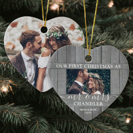 2 Foto Mr & Mrs. 1:a julfaux Wood Heart Julgransprydnad Keramik