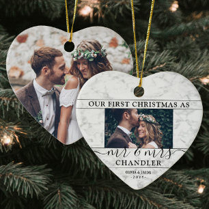 2 Foto Mr & Mrs. 1:a julfesten Marble Heart Julgransprydnad Keramik