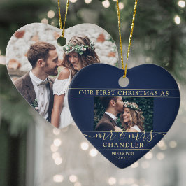 2 Foto Mr. & Mrs. 1:a julflottan och Guld Heart Julgransprydnad Keramik