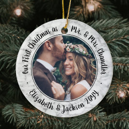 2 Foto Mr. & Mrs. 1:a julparet Faux Marble Julgransprydnad Keramik
